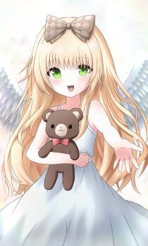  1girl :d angel_wings bare_shoulders blonde_hair bow bowtie brown_bow cowboy_shot dot_nose dress feathered_wings foreshortening green_eyes hair_bow highres light_blush long_hair looking_at_viewer lydia_eldridge muv-luv muv-luv_girls_garden open_mouth outstretched_arm outstretched_hand plaid_bow reaching reaching_towards_viewer red_bow red_bowtie shiryu7225581 simple_background sleeveless sleeveless_dress smile solo sparkle spread_fingers stuffed_animal stuffed_toy sundress teddy_bear traditional_bowtie very_long_hair white_background white_dress white_wings wings 