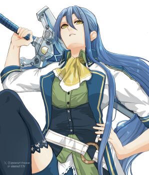  1girl absurdres black_thighhighs coat commentary double-parted_bangs eiyuu_densetsu english_commentary floating_hair folded_collar hair_between_eyes hair_bun hand_on_own_hip highres holding holding_sword holding_weapon huge_weapon instagram_logo instagram_username lace_trim laura_s._arseid long_hair long_single_sidelock neckerchief open_clothes open_coat over_shoulder parted_lips patreon_logo patreon_username sen_no_kiseki sen_no_kiseki_(series) sen_no_kiseki_iii shorts sierra117renner simple_background single_side_bun solo sword thighhighs twitter_username twitter_x_logo upper_body watermark weapon weapon_over_shoulder white_background yellow_eyes yellow_neckerchief 