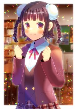  1girl blazer blurry blurry_background blush braid brown_eyes brown_hair brown_jacket brown_skirt brown_vest bun_cover chao_lingshen clenched_hands closed_mouth collared_shirt commentary_request commission depth_of_field double_bun dress_shirt hair_bun hands_up jacket kou_hiyoyo looking_at_viewer mahou_sensei_negima! neck_ribbon open_clothes open_jacket plaid_clothes plaid_skirt pleated_skirt red_ribbon ribbon school_uniform shirt short_hair skeb_commission skirt smile solo twin_braids vest white_shirt 