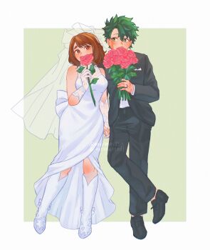  1boy 1girl bare_shoulders black_jacket black_pants black_shoes blush boku_no_hero_academia boots border bouquet breasts bridal_veil bridge brown_eyes brown_hair center_opening commentary couple dress facial_scar flower freckles full_body gloves green_background green_eyes green_hair groom hair_between_eyes hetero highres holding holding_bouquet holding_flower holding_hands husband_and_wife interlocked_fingers jacket lace lace_gloves long_dress looking_at_another medium_breasts medium_hair midoriya_izuku nmurimuri135 pants pink_flower pink_rose pocket_square rose scar scar_on_cheek scar_on_face shirt shoes short_hair symbol-only_commentary thick_eyebrows twintails uraraka_ochako veil wedding_dress white_boots white_border white_shirt 