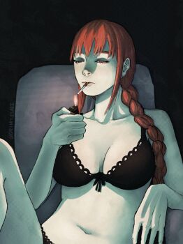  1girl black_bra black_panties bra braid chainsaw_man cigarette commentary english_commentary gaelnolesabe half-closed_eyes highres holding holding_lighter knee_up lighter lighting_cigarette long_hair makima_(chainsaw_man) mouth_hold navel panties red_eyes red_hair sitting smoking solo underwear underwear_only 