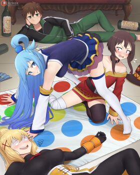  1boy 3girls absurdres aqua_(konosuba) ass belt black_jacket blonde_hair blue_eyes blue_hair blue_skirt bottle breasts brown_hair closed_mouth commentary couch darkness_(konosuba) detached_sleeves dismaiden dress english_commentary green_jacket green_pants grin hair_ornament hair_rings hat high_ponytail highres jacket kono_subarashii_sekai_ni_shukufuku_wo! large_breasts long_hair long_sleeves looking_at_another looking_at_viewer lying megumin multiple_girls no_shoes on_back on_floor on_side open_mouth pants patreon_logo patreon_username ponytail pout red_dress satou_kazuma short_hair single_hair_ring single_thighhigh skirt smile thighhighs thighs tile_floor tiles track_jacket track_suit twister unworn_headwear v-shaped_eyebrows white_thighhighs wine_bottle x_hair_ornament 