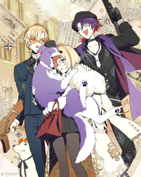  1girl 2boys :d absurdres animal animal_hug black_collar black_hat black_jacket black_pants black_shirt black_skirt blonde_hair blue_jacket blue_pants brown_pantyhose clip_studio_paint_(medium) closed_eyes collar collarbone collared_shirt dog dual_persona fang fura_kanato gun hair_between_eyes hat highres holding holding_gun holding_weapon jacket jh kana_(fura_kanato) multicolored_hair multiple_boys necktie nijisanji one_eye_closed open_mouth orange-tinted_eyewear orange_hair pants pantyhose pleated_skirt purple_eyes purple_hair red_hair round_eyewear shirt skirt smile streaked_hair sunglasses tinted_eyewear twitter_username two-tone_hair v-shaped_eyebrows virtual_youtuber watarai_hibari weapon weapon_request white_necktie 