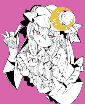  1girl crescent crescent_hair_ornament crescent_hat_ornament dress embodiment_of_scarlet_devil erlenmeyer_flask flask hair_ornament hat hat_ornament highres holding holding_flask holding_test_tube long_hair looking_at_viewer massakasama mob_cap patchouli_knowledge purple_eyes round-bottom_flask simple_background sketch solo striped_clothes striped_dress test_tube touhou vertical-striped_clothes vertical-striped_dress 