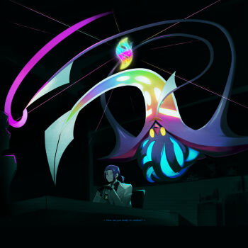 2boys absurdres beak colored_sclera commentary_request gen_1_pokemon gen_6_pokemon highres james_(pokemon) jcstr looker_(pokemon) malamar mega_evolution_symbol mega_malamar mega_pokemon meowth multiple_boys nintendo open_mouth pokemon pokemon_(anime) pokemon_(creature) purple_hair squid tentacles yellow_eyes yellow_sclera