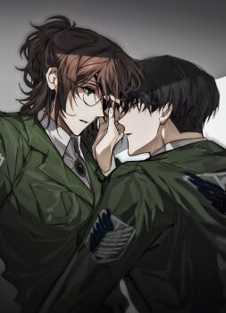 1boy ambiguous_gender black_hair brown_eyes brown_hair coat collared_shirt commentary_request couple eyepatch from_side green_coat hair_between_eyes hange_zoe hetero high_ponytail korean_commentary leaning_back leaning_forward levi_(shingeki_no_kyojin) looking_at_another looking_down looking_up mimisura_nisura paradis_military_uniform parted_lips ponytail shade shingeki_no_kyojin shirt wavy_hair white_shirt 