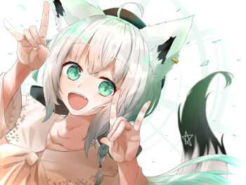  1girl absurdres animal_ear_fluff animal_ears aqua_eyes beret black_hat commentary_request dog_ears double_fox_shadow_puppet fang fox_girl fox_shadow_puppet fox_tail hat highres hololive long_hair looking_at_viewer official_alternate_costume shirakami_fubuki shirakami_fubuki_(street) shirt smile solo tail u_da_desu virtual_youtuber white_hair white_shirt 