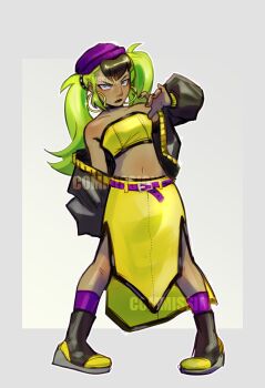 1girl 2023 alternate_hairstyle bare_legs beanie belt black_boots black_choker black_hair black_jacket black_lips blue_eyes blush boots border breasts choker closed_mouth commentary commission contrapposto dark-skinned_female dark_skin earrings english_commentary female_focus furrowed_brow green_hair grey_border hand_up hat highres hoop_earrings humanization idw_publishing jacket jewelry legs_apart long_hair long_sleeves looking_at_viewer m/ maitroll medium_breasts multicolored_hair off_shoulder open_hand puffy_long_sleeves puffy_sleeves purple_belt purple_hat sega simple_background skirt solo sonic_(series) sonic_the_hedgehog_(idw) standing streaked_hair surge_the_tenrec twintails variant_set watermark white_background yellow_skirt yellow_trim