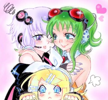  artist_request blonde_hair blue_eyes blush bow goggles goggles_on_head green_eyes green_hair green_nails gumi hair_bow hair_ornament hairclip heart hug kagamine_rin non-web_source one_eye_closed pink_background purple_eyes purple_hair red_goggles vocaloid yuri yuzuki_yukari 