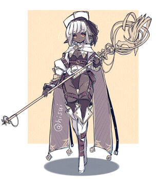  1girl belt belt_pouch black_leotard black_thighhighs boots breasts brown_eyes cleavage closed_mouth commentary_request dark-skinned_female dark_elf dark_skin elf eyebrows_hidden_by_hair full_body gluteal_fold groin hat hisui_(syarute) holding holding_staff leotard looking_at_viewer medium_breasts medium_hair multiple_belts original pointy_ears pouch solo staff thigh_boots thighhighs white_boots white_hair white_hat 