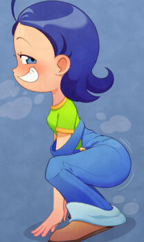  1girl absurdres ass ass_shake black_hair blue_background blue_eyes blush breasts female_focus flashfigure gradient_background highres jiggle loli long_hair looking_at_viewer medium_hair ojamajo_doremi senoo_aiko simple_background small_breasts smile solo solo_focus twerking 