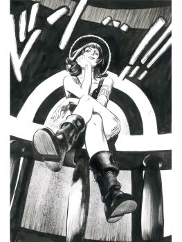  1girl armlet blunt_bangs boots ciregiafran commentary commission crossed_legs from_below full_body greyscale hat head_rest highres jewelry looking_at_viewer medium_hair monochrome nico_robin one_piece smile solo traditional_media 
