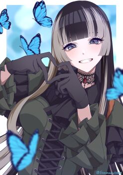  1girl black_choker black_gloves black_hair blue_eyes blunt_bangs blurry blurry_foreground blush breasts bug butterfly choker commentary_request cross-laced_clothes cross-laced_dress dress four-finger_heart_hands frilled_dress frilled_sleeves frills gloves gothic_lolita green_dress grey_hair grey_streaks grin hands_up heart heart_hands highres hime_cut hololive hololive_dev_is insect juufuutei_raden juufuutei_raden_(1st_costume) lace lace_choker lionmaru0808 lolita_fashion long_hair long_sleeves looking_at_viewer medium_breasts multicolored_hair open_mouth sidelocks smile solo streaked_hair teeth twitter_username two-tone_hair upper_body virtual_youtuber 