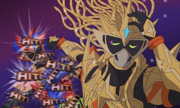  2boys armor black_gloves blue_armor blue_eyes closed_eyes commentary_request english_text fighting gamer_driver gashat gloves gold_armor hand_on_own_head heterochromia highres houjou_emu jujutsu_kaisen kamen_rider kamen_rider_ex-aid kamen_rider_ex-aid_(hyper_muteki) kamen_rider_ex-aid_(series) kamen_rider_para-dx male_focus mask meme motion_lines multicolored_armor multicolored_eyes multiple_boys naoya_hitting_choso_without_looking_(meme) parad punching purple_background rainbow_eyes red_armor red_eyes rider_belt sparkle tendril tokusatsu upper_body vgz083 