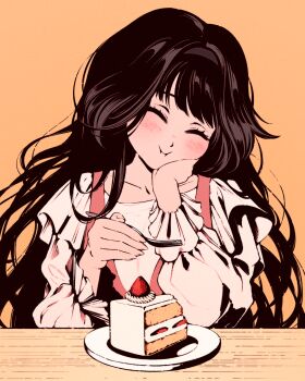  1girl :i ^_^ alternate_costume black_hair black_hairband blush cake cake_slice closed_eyes closed_mouth collarbone commentary dress eating food fork frilled_shirt frills hairband hand_on_own_cheek hand_on_own_face holding holding_fork kaoru_hana_wa_rin_to_saku long_hair long_sleeves moshimoshibe orange_background pinafore_dress pink_dress plate shirt simple_background sleeveless sleeveless_dress solo strawberry_shortcake table upper_body waguri_kaoruko white_shirt wooden_table 