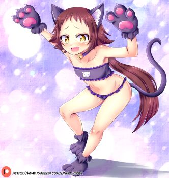  1girl alternate_costume animal_ears arms_up artist_name bell blush bra brown_hair cat_ears cat_tail collarbone dot_nose embarrassed eyelashes fake_animal_ears fang female_focus flat_chest frilled_bra frills full_body gloves gradient_background jingle_bell leaning_forward loli long_hair looking_at_viewer low_ponytail mikakunin_de_shinkoukei mitsumine_mashiro navel open_mouth patreon_username paw_gloves paw_pose paw_shoes ponytail purple_background purple_bra purple_gloves simple_background solo standing strapless strapless_bra tail underwear underwear_only unholysoul wavy_mouth yellow_eyes  rating:Questionable score:1 user:Only_Kemonomimi