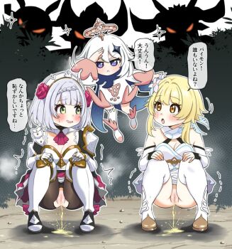  3girls blonde_hair blush censored crotchless female genshin_impact japanese_text lumine_(genshin_impact) monster mosaic_censoring multiple_females multiple_girls noelle_(genshin_impact) paimon_(genshin_impact) pee_squat_outdoors peeing peeing_together pussy silver_hair speech_bubble squatting thighhighs translation_request trembling white_hair zavuravu 