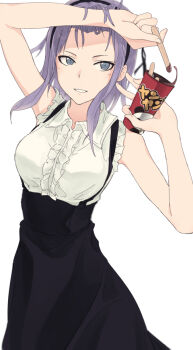  1girl black_skirt breasts center_frills collared_shirt commentary dagashi_kashi frilled_shirt frills grey_eyes grin hairband high-waist_skirt holding medium_breasts purple_hair shidare_hotaru shirt skirt sleeveless sleeveless_shirt smile solo suspender_skirt suspenders white_background white_shirt yukitake_(bullfalk) 