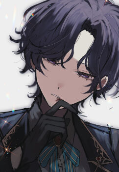  1girl absurdres androgynous asahina_mafuyu black_gloves gloves grey_background hand_up highres lapels mitsu_(yukimi_bon) notched_lapels official_alternate_costume official_alternate_hair_length official_alternate_hairstyle parted_lips project_sekai purple_eyes purple_hair relax_teatime_(project_sekai) reverse_trap short_hair solo upper_body 