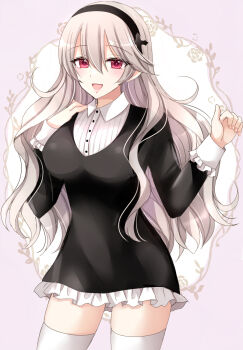  1girl :d alternate_costume black_dress black_hairband blush breasts collared_dress commentary_request dress female_corrin_(fire_emblem) fire_emblem fire_emblem_fates grey_hair hair_between_eyes hairband highres kirishima_riona large_breasts long_hair long_sleeves looking_at_viewer nintendo open_mouth pointy_ears red_eyes skindentation smile solo standing thighhighs thighs white_thighhighs 