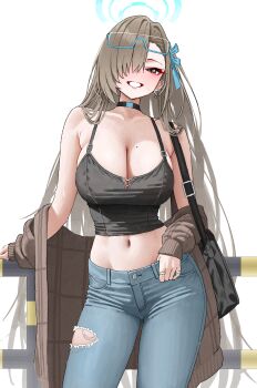  1girl absurdres alternate_costume aqua_halo asuna_(blue_archive) bag bare_shoulders black_bag black_shirt blue_archive blue_eyes blue_ribbon blush breasts cleavage commentary cowboy_shot denim ear_piercing eyewear_on_head hair_over_one_eye hair_ribbon halo highres jeans jewelry kono_(xerondan321) large_breasts mole mole_on_breast navel one_eye_covered pants piercing ribbon ring shirt simple_background smile solo stomach torn_clothes torn_jeans torn_pants white_background  rating:Sensitive score:17 user:danbooru