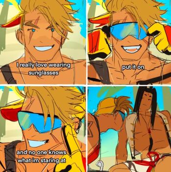 2boys alsonotdon annoyed beach black_hair blonde_hair comic hat jamie_siu jewelry long_hair luke_sullivan multiple_boys necklace scar scar_on_face smile street_fighter street_fighter_6 subtitled summer_uniform sunglasses topless_male whistle yellow_hat