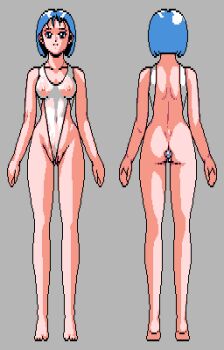  1girl anal_ball_wear ass barefoot blue_eyes blue_hair breasts butt_plug collarbone from_behind grey_background highleg highleg_one-piece_swimsuit hoho_umemaro_no_cg_kakikata_nyuumon looking_at_viewer medium_breasts multiple_views navel nipples one-piece_swimsuit pixel_art pussy saiwai_hiroshi see-through_clothes see-through_one-piece_swimsuit sex_toy short_hair smile standing swimsuit white_one-piece_swimsuit 