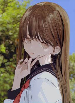 1girl :p bad_id bad_twitter_id black_sailor_collar blue_sky brown_eyes brown_hair day finger_to_cheek highres honjou_ruri honnryou_hanaru index_finger_raised long_hair looking_at_viewer neckerchief original outdoors red_neckerchief sailor_collar school_uniform serafuku shirt sky smile solo tongue tongue_out tree upper_body white_shirt  rating:General score:5 user:danbooru