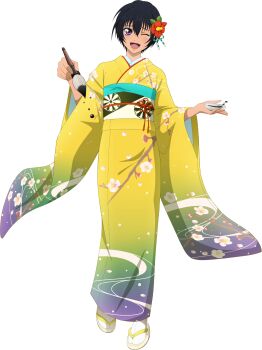  ;d black_hair floral_print flower game_cg hair_flower hair_ornament highres holding ink japanese_clothes kimono looking_at_object looking_at_viewer obi obijime official_alternate_costume official_art okobo one_eye_closed open_mouth paintbrush platform_sandals red_flower rutee_katrea rutee_katrea_(new_year) sandals sash short_hair smile tales_of_(series) tales_of_asteria tales_of_destiny transparent_background very_short_hair yellow_kimono 