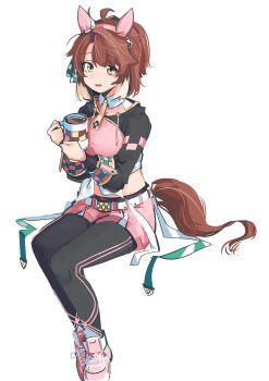  1girl absurdres animal_ears black_leggings breasts brown_eyes brown_hair commentary cup dantsu_flame_(center_spotlight)_(umamusume) dantsu_flame_(umamusume) floating full_body hachimicake2356 highres holding holding_cup horse_ears horse_girl horse_tail leggings looking_at_viewer medium_hair midriff mug multicolored_hair open_mouth pink_shorts short_shorts shorts solo streaked_hair tail umamusume white_streaks 