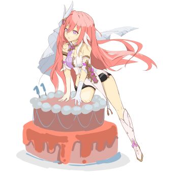 1girl absurdres bare_shoulders birthday_cake black_shorts boots breasts cake chinese_commentary commentary_request corset diamond-shaped_pupils diamond_(shape) elysia_(herrscher_of_human:_ego)_(honkai_impact) elysia_(honkai_impact) food gloves highres honkai_(series) honkai_impact_3rd large_breasts long_hair pink_hair purple_eyes shibao_xiangtie_fuhua short_shorts shorts simple_background single_glove solo symbol-shaped_pupils thighs veil very_long_hair white_background white_boots white_corset white_gloves white_veil 