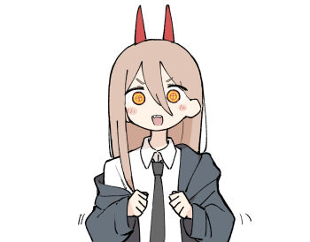  1girl black_necktie chainsaw_man collared_shirt fusazakura hair_between_eyes horns long_hair looking_at_viewer necktie power_(chainsaw_man) red_horns shirt simple_background solo v-shaped_eyebrows white_background white_shirt  rating:General score:3 user:anon2anon2