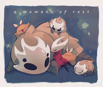  1girl :3 antennae arthropod_girl artist_name beastling_(hollow_knight) bell_beast_(hollow_knight) black_eyes black_skin brown_fur cloak closed_eyes colored_skin commentary english_commentary english_text flea_(hollow_knight) fluffy highres hollow_eyes hollow_knight hollow_knight:_silksong horned_mask hornet_(hollow_knight) horns mask miikrowelle open_mouth red_cloak sitting sitting_on_animal white_mask 