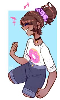  +++ 1girl alternate_costume asahina_aoi black_choker blue_shorts blush brown_hair choker closed_eyes cosmiccolours cropped_legs danganronpa:_trigger_happy_havoc danganronpa_(series) dark-skinned_female dark_skin donut_print eyelashes food_print hair_ornament hair_scrunchie highres ponytail scrunchie shirt shorts simple_background smile solo tan white_shirt 