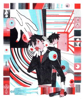  1boy abstract absurdres ai_the_somnium_files ai_the_somnium_files:_nirvana_initiative back-to-back black_hair black_jacket black_necktie ceeejus collared_shirt door eyeball gun highres holding holding_gun holding_weapon jacket multiple_views necktie orange_sweater red_eyes ryuki_kuruto shirt sweater weapon white_shirt wide-eyed 