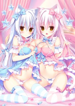 2girls animal_ears armband babydoll babydoll_lift bed_sheet blue_hair blue_ribbon blush bow bow_panties bowtie breast_press breasts candy cat_ears cat_girl cat_tail cleavage commentary_request curtains detached_collar fang food hair_between_eyes hair_ribbon hasune highres large_breasts long_hair looking_at_viewer multiple_girls open_mouth original panties pink_hair pink_panties pink_ribbon ribbon siblings sidelocks sparkle star_(symbol) striped_clothes striped_legwear striped_thighhighs tail tail_ornament tail_ribbon thighhighs twins underwear yellow_eyes rating:Sensitive score:51 user:danbooru