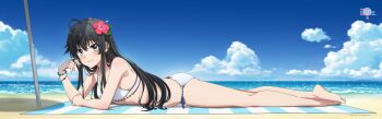  1girl absurdres ahoge ass bare_arms bare_legs barefoot beach beach_towel beach_umbrella bikini black_hair blue_eyes blue_sky blush bracelet breasts cloud dakimakura_(medium) day feet flower full_body hibiscus highres horizon jewelry long_hair looking_at_viewer lying ocean official_art on_stomach red_flower sidelocks sky small_breasts solo swimsuit toes towel umbrella white_bikini yahari_ore_no_seishun_lovecome_wa_machigatteiru. yukinoshita_yukino  rating:General score:11 user:spiderfan
