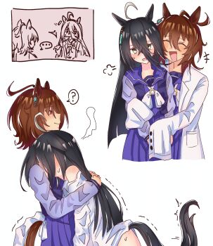  ... 2girls ? absurdres agnes_tachyon_(umamusume) ahoge animal_ears bare_shoulders black_hair blunt_ends blush bntutnn bottomless brown_hair closed_eyes coat commentary ear_ornament ear_tag earrings hair_between_eyes head_tilt highres horse_ears horse_girl hug hug_from_behind jewelry lab_coat long_hair long_hair_between_eyes long_sleeves manhattan_cafe_(umamusume) multicolored_hair multiple_girls notice_lines open_mouth pleated_skirt puff_of_air purple_sailor_collar purple_shirt purple_skirt red_eyes sailor_collar school_uniform shirt short_hair shoulder_blush single_earring skirt sleeves_past_fingers sleeves_past_wrists smile speech_bubble spoken_ellipsis spoken_question_mark sweatdrop symbol-only_commentary tracen_school_uniform trembling umamusume very_long_hair white_coat white_hair yellow_eyes yuri 
