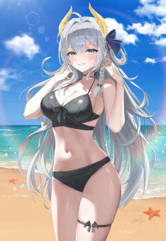  1girl absurdres ahoge aqua_eyes bare_arms bare_shoulders beach bikini black_choker bow braid breasts choker cleavage cloud cowboy_shot day dragon_horns front-tie_bikini_top front-tie_top grin hair_bow hair_rings halterneck hands_up hibiwa highres horns iana_ignosis large_breasts long_hair looking_at_viewer navel outdoors skindentation smile solo stomach strap_gap string_bikini sunlight swimsuit thigh_strap thighs v-lup very_long_hair virtual_youtuber water wet white_hair 