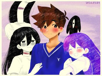  1boy black_hair blush brown_hair hero_(omori) hug long_hair mari_(omori) omori pokoponpen purple_hair shirt short_hair sweat vest 