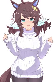  1girl absurdres animal_ears aqua_eyes black_hair black_tail colored_inner_animal_ears commentary cowboy_shot daring_tact_(umamusume) hair_between_eyes hair_ornament hands_up happy_birthday highres horse_ears horse_girl horse_tail long_hair long_sleeves looking_at_viewer multicolored_hair okomesuihanki open_mouth simple_background smile solo streaked_hair sweater tail turtleneck turtleneck_sweater umamusume untranslatable_commentary white_streaks white_sweater 