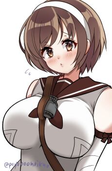  1girl blush breasts brown_eyes brown_hair brown_neckerchief brown_sailor_collar detached_sleeves hairband hashtag-only_commentary highres kantai_collection large_breasts looking_at_viewer natori_(kancolle) neckerchief poyo_(hakoniwa_waltz) sailor_collar school_uniform serafuku short_hair smile solo twitter_username upper_body white_background white_hairband 