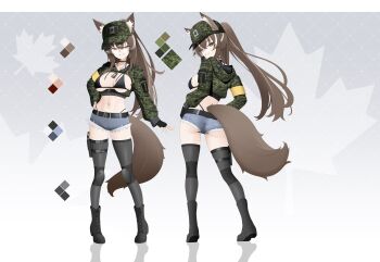  1girl absurdres animal_ears aviator_glasses baseball_cap bikini black_bikini black_thighhighs breasts brown_hair cadpat callisto_(greyeth) canadian_flag commentary commission cropped_jacket dog_tags english_commentary fox_ears fox_tail glasses hand_on_own_hip hat highleg highleg_bikini highres holster knee_pads large_breasts looking_at_viewer midriff multicolored_hair multiple_views original reference_sheet second-party_source short_shorts shorts smile streaked_hair swimsuit tail thigh_holster thighhighs z.taiga 