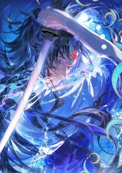  1boy absurdres baicumikuo black_hair facial_tattoo hakama haori high_ponytail highres holding holding_sword holding_weapon japanese_clothes kimetsu_no_yaiba kimono long_hair looking_at_viewer male_focus ponytail red_eyes solo solo_focus spiked_hair sword tattoo tsugikuni_michikatsu upper_body weapon 