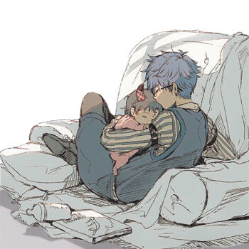  1boy 1girl aged_down amidura andersen's_fairy_tales arm_belt armchair baby baby_bottle black-framed_eyewear black_hair blue_hair blue_shirt blue_shorts blue_vest book bottle chair closed_eyes commentary english_text facial_mark fate/extra fate/extra_ccc fate_(series) forehead_mark glasses hans_christian_andersen_(fate) horns long_sleeves pajamas pink_horns pink_pajamas sessyoin_kiara shirt shoes shorts striped_clothes striped_shirt vertical-striped_clothes vertical-striped_shirt vest white_shirt 