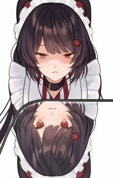  1girl :3 absurdres animal_ears apron black_collar blush brown_hair collar commentary dog_ears dog_girl frown heterochromia highres inui_toko inui_toko_(western_maid) maid_apron maid_headdress nijisanji o_w4h orange_eyes photo-referenced red_eyes reflection shaded_face simple_background solo untranslatable_commentary virtual_youtuber white_apron white_background 