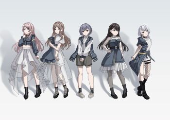 5girls arm_behind_back bang_dream! bang_dream!_it's_mygo!!!!! belt black_belt black_choker black_hair black_shorts blue_belt blue_eyes blue_jacket boots brown_belt brown_eyes brown_hair chihaya_anon choker closed_mouth clothing_cutout collared_shirt commentary crop_top dress dress_shirt earrings fishnets frilled_jacket frills full_body ghost_in_the_shell_lineup grey_hair grey_pantyhose grey_skirt grey_socks hand_on_own_hip hand_up heterochromia highres hand_on_own_arm interlocked_fingers jacket jewelry kaname_raana long_hair long_sleeves midriff mole mole_under_eye multiple_girls mygo!!!!!_(bang_dream!) nagasaki_soyo navel necklace open_clothes open_jacket own_hands_clasped own_hands_together pantyhose parted_bangs philo_324 pink_hair pleated_skirt purple_eyes see-through_clothes see-through_skirt see-through_sleeves shadow shiina_taki shirt short_hair shorts shoulder_cutout single_thighhigh skirt socks standing takamatsu_tomori thighhighs white_dress white_hair white_shirt white_skirt white_sleeves yellow_eyes