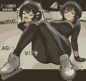  annoyed artist_name ass black_gloves black_leggings black_shirt breasts closed_eyes commentary_request crying falling full_body furrowed_brow gloves highres ice_skates ice_skating impossible_clothes indoors large_breasts leggings lying on_back original pixel_art shirt shoes short_hair sidelocks skates skating specialhanako stats thighs three-quarter_sleeves white_shoes 