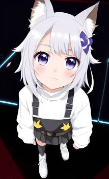  1girl animal_ear_fluff animal_ears black_overalls black_skirt black_thighhighs blush boots cat_ears cat_girl closed_mouth eyelashes filian_(vtuber) full_body hair_ornament highres indie_virtual_youtuber long_sleeves looking_at_viewer mint_(vrchat) overall_skirt overalls perspective purple_eyes shirt short_hair skirt smile solo standing thighhighs virtual_youtuber wakelesssorrows white_boots white_hair white_shirt 