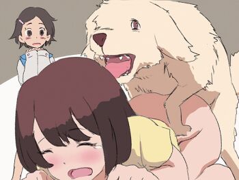 1boy 2girls animated animated_gif bestiality blush bottomless brown_hair clothed_sex dog doggystyle hair_ornament hairclip li_(lithium0522) loli multiple_girls original sex sex_from_behind watching rating:Explicit score:1037 user:doublepeace